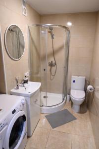 ein Badezimmer mit Dusche, Toilette und Waschbecken in der Unterkunft Baltic Serenity - SELF CHECK-IN in Klaipėda