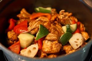 a bowl of food with meat and vegetables at HOTEL GLOBAL VIEW Morioka in Morioka