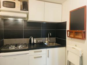 Una cocina con estufa, fregadero y microondas. en SteR Appartement Zandvoort, en Zandvoort 17 fotos más