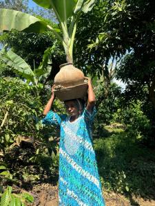 a girl in a blue dress carrying a basket on her head at Kibale Cultural Homestay in Fort Portal