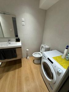 Un baño con lavadora y un inodoro. en Appartement 1 chambre vu sur jardin, en La Roche-sur-Yon 6 fotos más