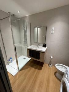 Un baño con ducha, lavabo e inodoro. en Appartement 1 chambre vu sur jardin, en La Roche-sur-Yon