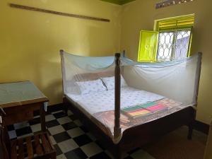 a small bed in a room with a window at Blue Star Homestay in Kapchorwa +7 photos
