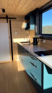 a kitchen with a counter with a sink and a window at Flow Hill in Kościelisko