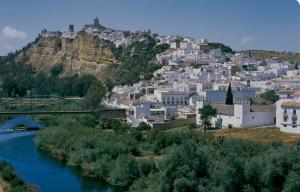 a town on a hill with a river and buildings at Casa Encarnita in Arcos de la Frontera