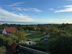 an aerial view of a garden with a view of the water at Tervey-villa in Révfülöp +54 photos