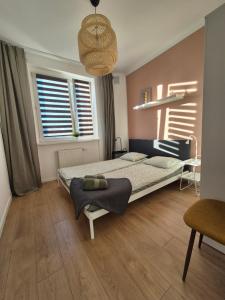 a bedroom with a bed and two windows at Kasprzaka Apartment parking in Łódź