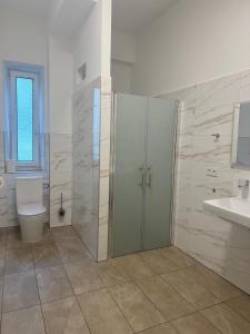 a bathroom with a shower and a toilet and a sink at City Appartement am Hauptbahnhof in Nürnberg