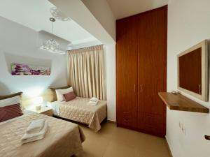 a hotel room with two beds and a television at Archangelos Garden House in Archangelos