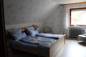a bedroom with a bed with blue sheets and a window at Ferienwohnung Andrea ist mit 1 oder 2 Schlafzimmer in Grünebach Buchbar in Grünebach