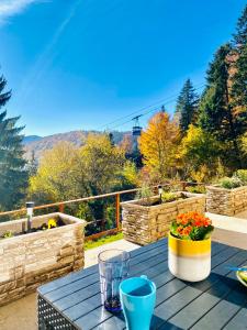 einen Tisch mit einer Blumenvase auf einer Terrasse in der Unterkunft Stone Apartment with sauna Sinaia in Sinaia