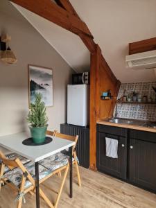 a kitchen with a table and chairs and a refrigerator at Chalet bord de lac avec piscine 2A in Laffrey