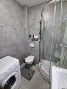 a bathroom with a shower and a toilet and a washing machine at Studio Apartman Dalma in Đakovo