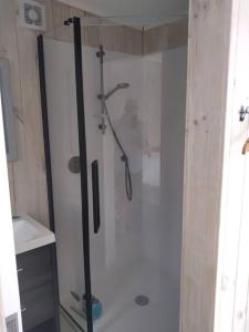 eine Dusche mit einer Glastür in einem Badezimmer in der Unterkunft Twin Totara Cottage in Mangawhai + 2 Fotos