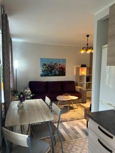 a living room with a couch and a table at Spacious & cozy apartment, free parking, contact-free entrance in Tartu