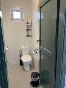 a bathroom with a toilet and a glass shower door at Denize 2 km Manzaralı ve Ferah in Gokceada Town
