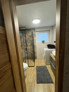 a small bathroom with a toilet and a sink at Apartament M1 w centrum Wiela in Wiele