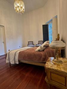 a bedroom with a large bed and a chandelier at Las Magnolias House and Garden in Virrey Toledo