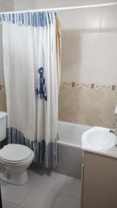 y baño con cortina de ducha, aseo y lavamanos. en Hospedaje 73 M, en Gobernador Gregores