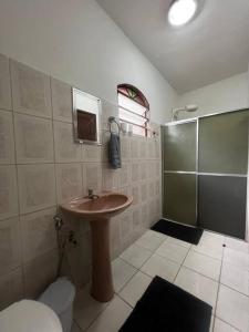 un bagno con lavandino, doccia e WC di Tradição e Conforto em Santa Efigênia a Belo Horizonte