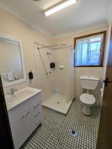 a bathroom with a toilet and a shower and a sink at Gloucester - 2 Bedroom Apartments in Gloucester +17 photos