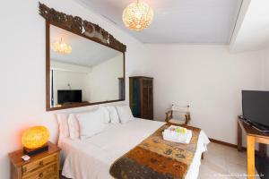 a bedroom with a bed with a mirror and a tv at Casa Petunia Pousada Boutique in Salvador