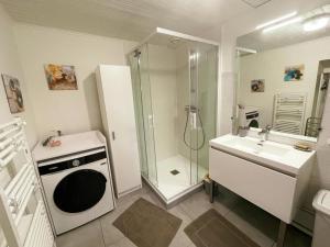 a bathroom with a shower and a sink and a washing machine at Gîte charmant à Montbazon avec terrasse, jardin et parking - FR-1-381-599 in Montbazon +5 photos