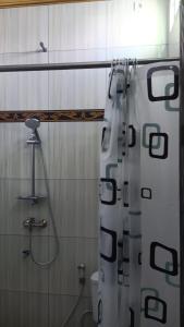 ein Badezimmer mit Duschvorhang und Toilette in der Unterkunft Hotel Transit 1 in Jambu
