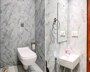 two pictures of a bathroom with a toilet and a sink at Hotel Golden Sands Inn Aslpha in Mumbai