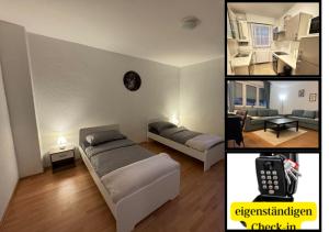 three pictures of a bedroom with a bed and a living room at Zentrale Wohnung mit Küche & 4 Betten in Oelde Stay Nest in Oelde