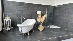 a bathroom with a bath tub and a shower at Ro42om Schönewerd in Schönenwerd