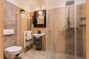 ein Badezimmer mit Dusche, Toilette und Waschbecken in der Unterkunft Doppelzimmer III Gästezimmer in Unterkunft mit Gemeinschaftsbad und Gemeinschaftsküche Chemnitz in Chemnitz