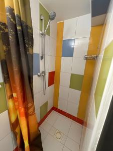 kolorowa łazienka z prysznicem z zasłoną w obiekcie Apartmány U sjezdovky Janské Lázně w Jańskich Łaźniach