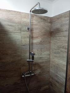 a shower in a bathroom with a wooden wall at Vendégváró szálláshely Sajószentpéteren in Sajószentpéter +29 photos