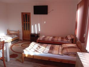 a room with two beds and a tv on the wall at Vendégváró szálláshely Sajószentpéteren in Sajószentpéter