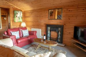 a living room with a red couch and a tv at Wild Oats Lodge 11, Yellowtop Country Park in Selby