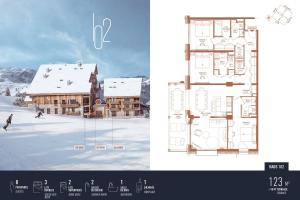 un collage di due immagini di un edificio nella neve di Antarès NAOS 102 - luxury apartment ski inski out a Méribel