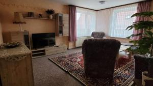 a living room with a chair and a television at Sommerflieder in Güntersberge