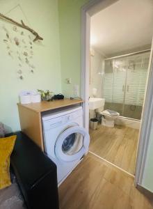 a bathroom with a washing machine in a room at Fergani Apartments in Moúdhros +20 photos