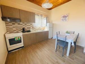 a kitchen with a table and a stove and a table and chairs at Fergani Apartments in Moúdhros