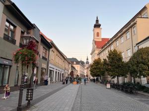 una strada di ciottoli in una città con una torre dell'orologio di Apartman Hviezdoslavova a Trnava