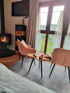 a living room with two chairs and a fireplace at Reguero Gato Turismo Rural in Candamo