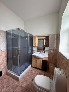 un bagno con doccia, WC e lavandino di Blissful Hostel a Shkodër