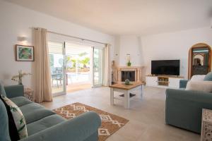 a living room with couches and a tv and a fireplace at Pomba beautifully renovated with heated pool! in Poço Partido