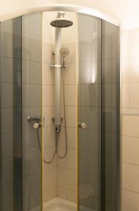 a shower in a bathroom with a glass door at Ferienwohnung Prinke in Niedertrebra +14 photos