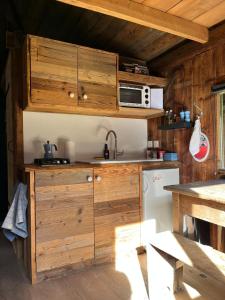 eine Küche mit Holzschränken und einer Mikrowelle in der Unterkunft Chalet cabane pleine nature in Le Bouchet-Mont Charvin + 14 Fotos