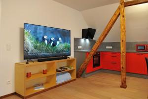 a living room with a tv with three penguins on the screen at Lausitzer Ferienapartment Stube in Bernsdorf