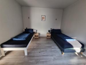a room with two beds in a room at Gemütliche Ferienwohnung mit 1 Schlafzimmer, Wohnzimmer mit Schlafcouch & voll ausgestattete Küche in Rauschenberg
