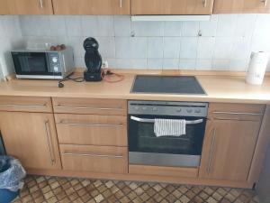 a kitchen with a stove and a microwave at gemütliche Wohnung im Herzen von Neumünster in Neumünster