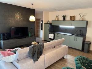 Una sala de estar con un sofá y una cocina. en Villa Granea with indoor heated pool and sauna, en Sveti Martin na Muri